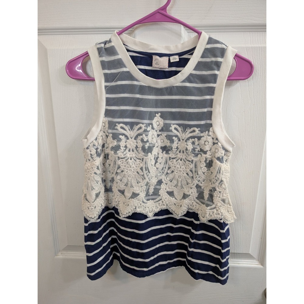 Postcard Striped Lace Mesh Tank Top Womens Blue White Mixed Media - Size M